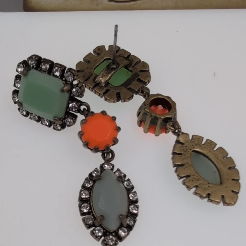 J. Crew Stone Drop Dangle Earrings - Green, Orange & Gray Rhinestone